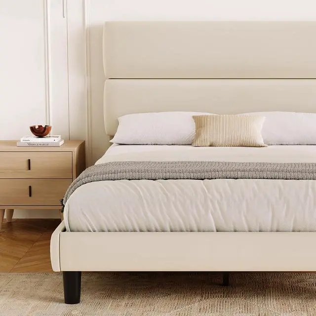 Alt view image 4 of 7 - Full Size Platform Bed Frame with Velvet Headboard, Adjustable Height Wooden Slats Support, Upholstered Mattress Foundation, Fits Mattress or Mattress with Box Spring, Easy Assembly, Beige