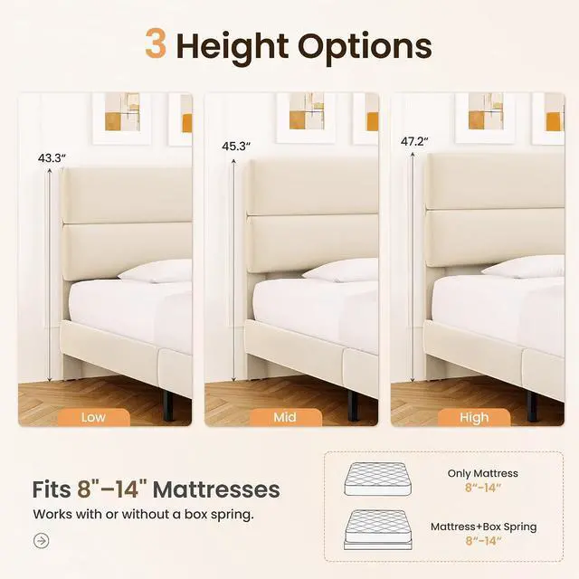 Alt view image 5 of 6 - Twin Size Platform Bed Frame with Velvet Headboard, Adjustable Height Wooden Slats Support, Upholstered Mattress Foundation, Fits Mattress or Mattress with Box Spring, Easy Assembly, Beige