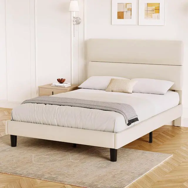Alt view image 7 of 7 - Full Size Platform Bed Frame with Velvet Headboard, Adjustable Height Wooden Slats Support, Upholstered Mattress Foundation, Fits Mattress or Mattress with Box Spring, Easy Assembly, Beige