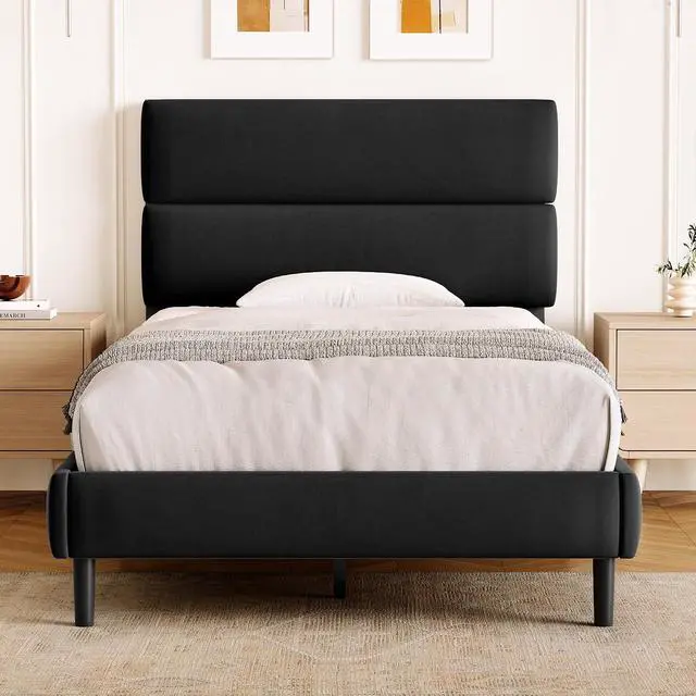 Main image of Twin Size Platform Bed Frame with Velvet Headboard, Adjustable Height Wooden Slats Support, Upholstered Mattress Foundation, Fits Mattress or Mattress with Box Spring, Easy Assembly, Black