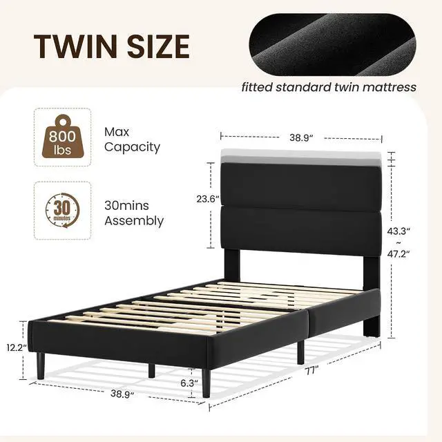 Alt view image 2 of 6 - Twin Size Platform Bed Frame with Velvet Headboard, Adjustable Height Wooden Slats Support, Upholstered Mattress Foundation, Fits Mattress or Mattress with Box Spring, Easy Assembly, Black