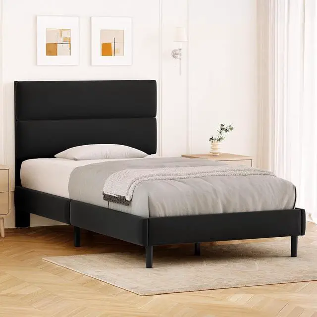 Alt view image 6 of 6 - Twin Size Platform Bed Frame with Velvet Headboard, Adjustable Height Wooden Slats Support, Upholstered Mattress Foundation, Fits Mattress or Mattress with Box Spring, Easy Assembly, Black