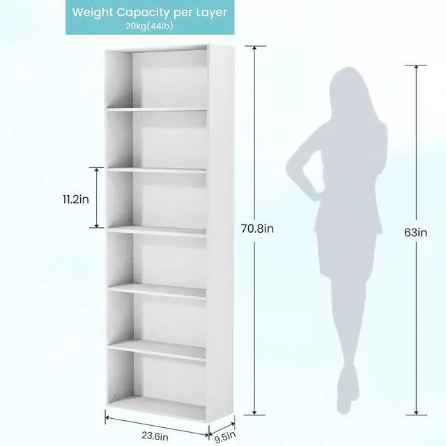 Alt view image 2 of 7 - 71" Tall 6-Tier Bookshelf, Large Open Display Bookcase with Ample Storage, Floor Standing Book Shelf for Living Room, Home Office, Bed Room, White