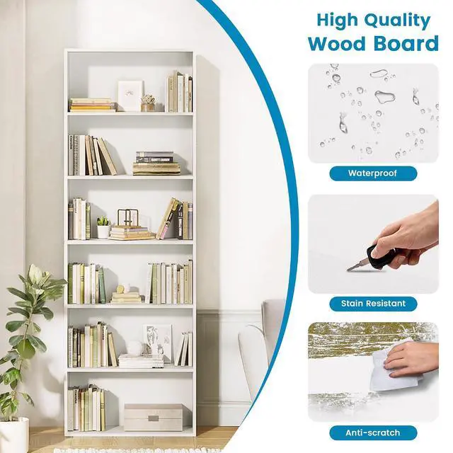 Alt view image 4 of 7 - 71" Tall 6-Tier Bookshelf, Large Open Display Bookcase with Ample Storage, Floor Standing Book Shelf for Living Room, Home Office, Bed Room, White