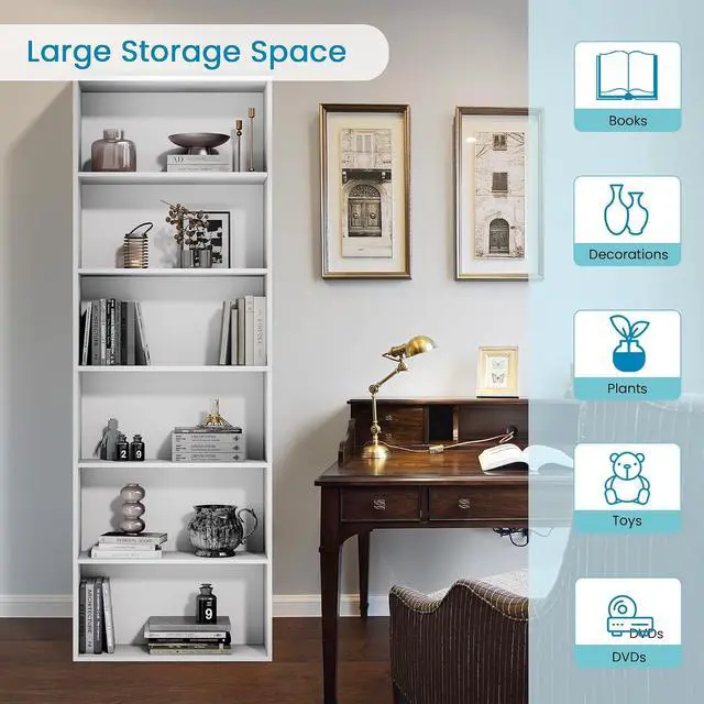 Alt view image 7 of 7 - 71" Tall 6-Tier Bookshelf, Large Open Display Bookcase with Ample Storage, Floor Standing Book Shelf for Living Room, Home Office, Bed Room, White