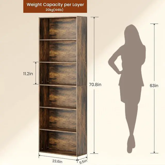Alt view image 2 of 7 - 71" Tall 6-Tier Bookshelf, Large Open Display Bookcase with Ample Storage, Floor Standing Book Shelf for Living Room, Home Office, Bed Room, Brown