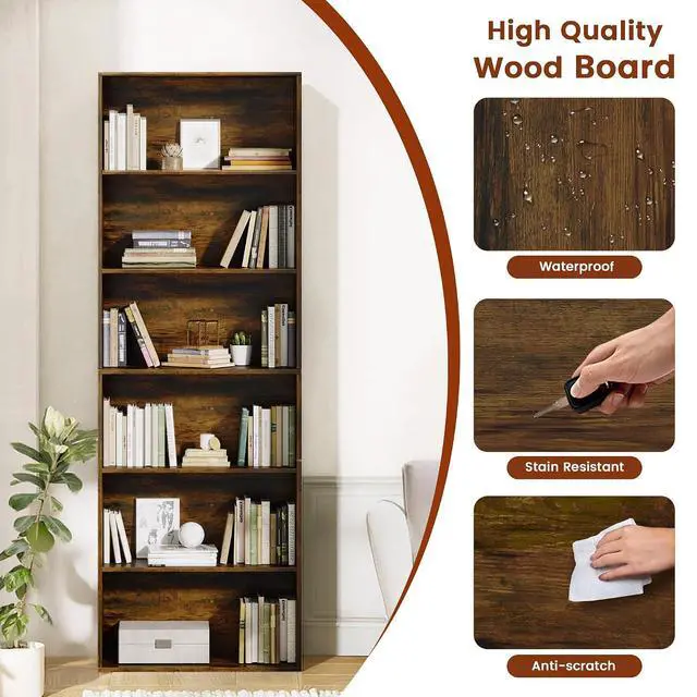 Alt view image 4 of 7 - 71" Tall 6-Tier Bookshelf, Large Open Display Bookcase with Ample Storage, Floor Standing Book Shelf for Living Room, Home Office, Bed Room, Brown