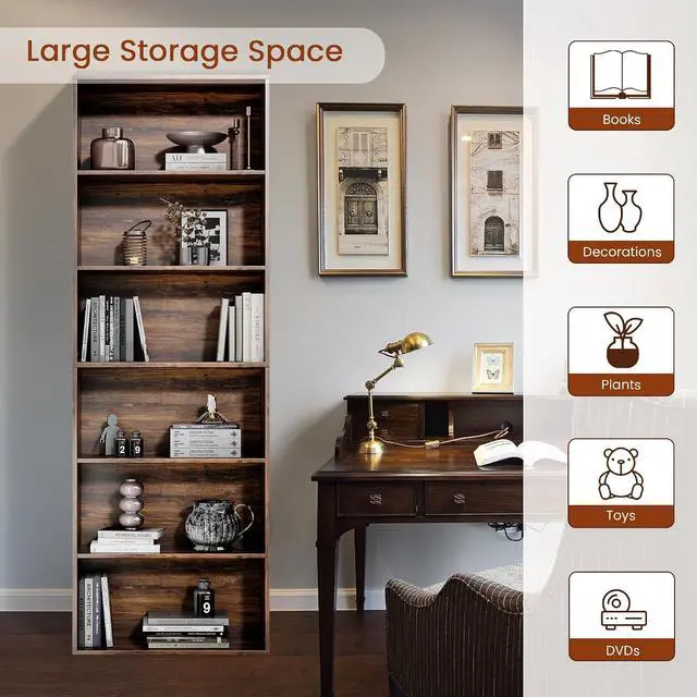 Alt view image 7 of 7 - 71" Tall 6-Tier Bookshelf, Large Open Display Bookcase with Ample Storage, Floor Standing Book Shelf for Living Room, Home Office, Bed Room, Brown