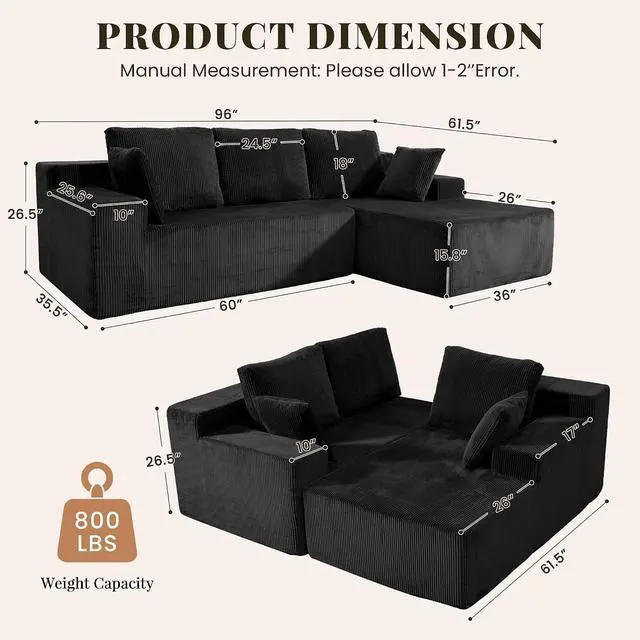 Alt view image 2 of 7 - Cloud Sectional Boneless Couches for Living Room, Modular L Shaped Couch with Deep Seat Oversized Right Facing Chaise, Memory Foam Compressed Spineless 3 Seater Sofa for Apartment, Black