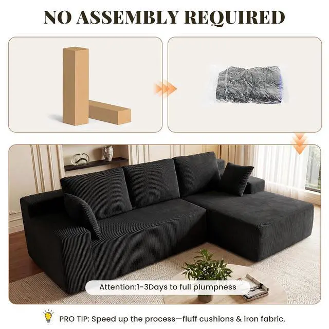 Alt view image 6 of 7 - Cloud Sectional Boneless Couches for Living Room, Modular L Shaped Couch with Deep Seat Oversized Right Facing Chaise, Memory Foam Compressed Spineless 3 Seater Sofa for Apartment, Black