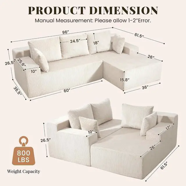 Alt view image 2 of 7 - Cloud Sectional Boneless Couches for Living Room, Modular L Shaped Couch with Deep Seat Oversized Right Facing Chaise, Memory Foam Compressed Spineless 3 Seater Sofa for Apartment, Beige