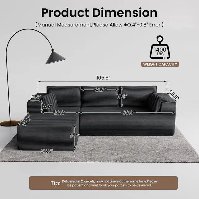Alt view image 2 of 7 - 106" Cloud Sectional Boneless Couches for Living Room, Modular L Shaped Couch with Deep Seat Oversized Left Facing Chaise, Memory Foam Compressed Spineless 3 Seater Sofa for Bedroom Apartment, Grey