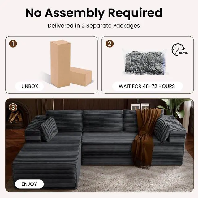 Alt view image 6 of 7 - 106" Cloud Sectional Boneless Couches for Living Room, Modular L Shaped Couch with Deep Seat Oversized Left Facing Chaise, Memory Foam Compressed Spineless 3 Seater Sofa for Bedroom Apartment, Grey