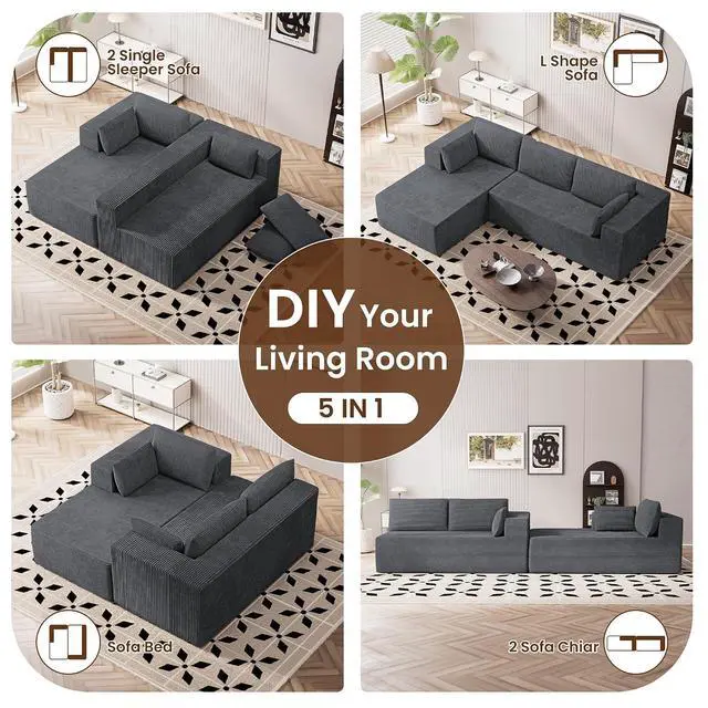 Alt view image 6 of 7 - 106" Cloud Sectional Boneless Couches for Living Room, Modular L Shaped Couch with Deep Seat Oversized Right Facing Chaise, Memory Foam Compressed Spineless 3 Seater Sofa for Apartment, Grey