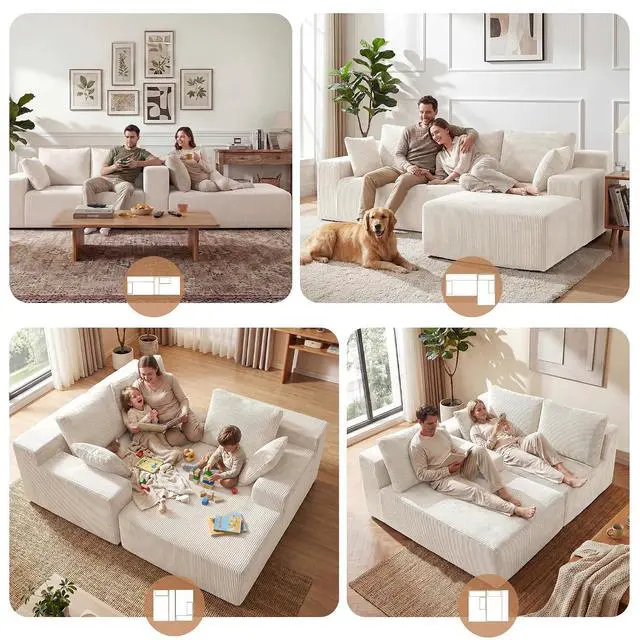 Alt view image 4 of 7 - Cloud Sectional Boneless Couches for Living Room, Modular L Shaped Couch with Deep Seat Oversized Right Facing Chaise, Memory Foam Compressed Spineless 3 Seater Sofa for Apartment, Beige