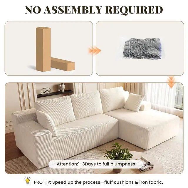 Alt view image 7 of 7 - Cloud Sectional Boneless Couches for Living Room, Modular L Shaped Couch with Deep Seat Oversized Right Facing Chaise, Memory Foam Compressed Spineless 3 Seater Sofa for Apartment, Beige