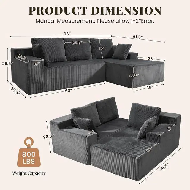 Alt view image 2 of 7 - Cloud Sectional Boneless Couches for Living Room, Modular L Shaped Couch with Deep Seat Oversized Right Facing Chaise, Memory Foam Compressed Spineless 3 Seater Sofa, Grey