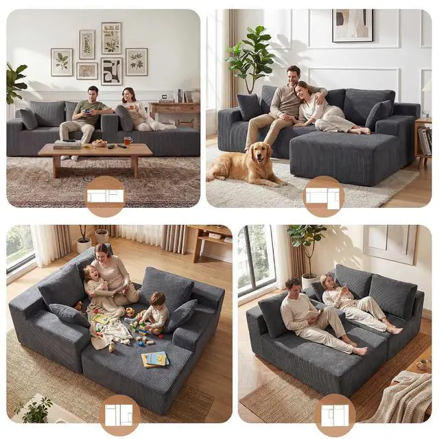 Alt view image 3 of 7 - Cloud Sectional Boneless Couches for Living Room, Modular L Shaped Couch with Deep Seat Oversized Right Facing Chaise, Memory Foam Compressed Spineless 3 Seater Sofa, Grey