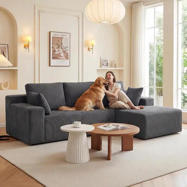 Alt view image 5 of 7 - Cloud Sectional Boneless Couches for Living Room, Modular L Shaped Couch with Deep Seat Oversized Right Facing Chaise, Memory Foam Compressed Spineless 3 Seater Sofa, Grey