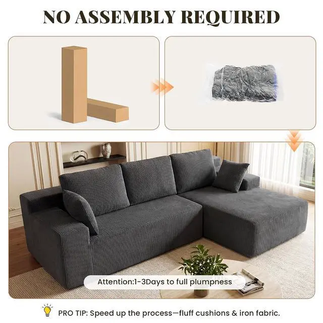 Alt view image 7 of 7 - Cloud Sectional Boneless Couches for Living Room, Modular L Shaped Couch with Deep Seat Oversized Right Facing Chaise, Memory Foam Compressed Spineless 3 Seater Sofa, Grey