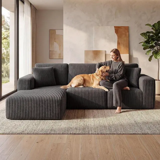 Alt view image 3 of 7 - 107'' Cloud Sectional Boneless Couches for Living Room, Modular L Shaped Couch with Deep Seat Oversized Left Facing Chaise, Memory Foam Compressed Spineless 3 Seater Sofa, Wide-Striped Grey