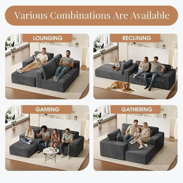 Alt view image 5 of 7 - 107'' Cloud Sectional Boneless Couches for Living Room, Modular L Shaped Couch with Deep Seat Oversized Left Facing Chaise, Memory Foam Compressed Spineless 3 Seater Sofa, Wide-Striped Grey