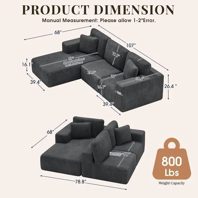 Alt view image 2 of 7 - 107'' Cloud Sectional Boneless Couches for Living Room, Modular L Shaped Couch with Deep Seat Oversized Left Facing Chaise, Memory Foam Compressed Spineless 3 Seater Sofa, Wide-Striped Grey