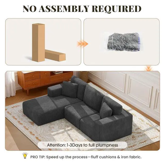 Alt view image 7 of 7 - 107'' Cloud Sectional Boneless Couches for Living Room, Modular L Shaped Couch with Deep Seat Oversized Left Facing Chaise, Memory Foam Compressed Spineless 3 Seater Sofa, Wide-Striped Grey