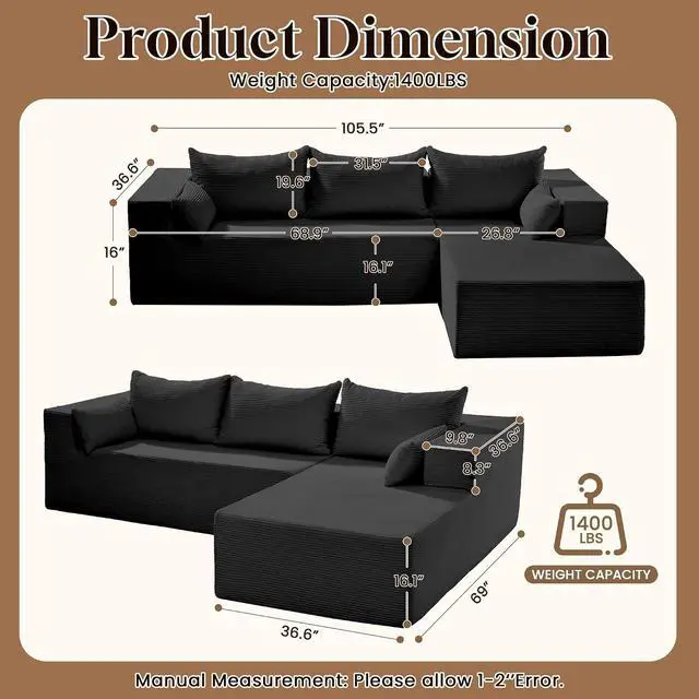 Alt view image 2 of 7 - GRUSIGN106 Cloud Sectional Boneless Couch for Living Room, Modular L Shaped Couches with Oversized Right Facing Chaise, Memory Foam Compressed Spineless Deep Seat 3 Seater Sofa for Apartment, Black