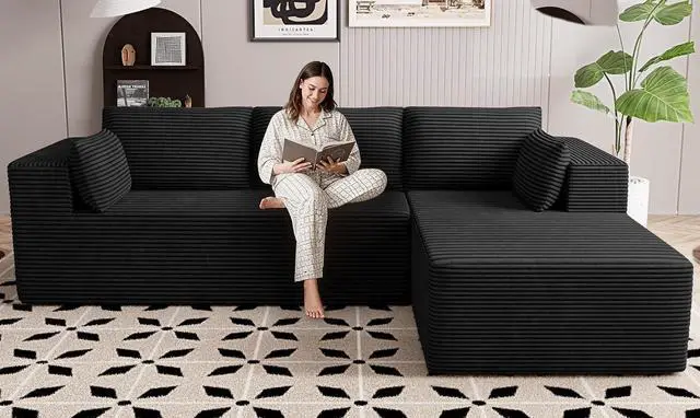 Main image of 106" Cloud Sectional Boneless Couches for Living Room, Modular L Shaped Couch with Deep Seat Oversized Right Facing Chaise, Memory Foam Compressed Spineless 3 Seater Sofa for Apartment, Black