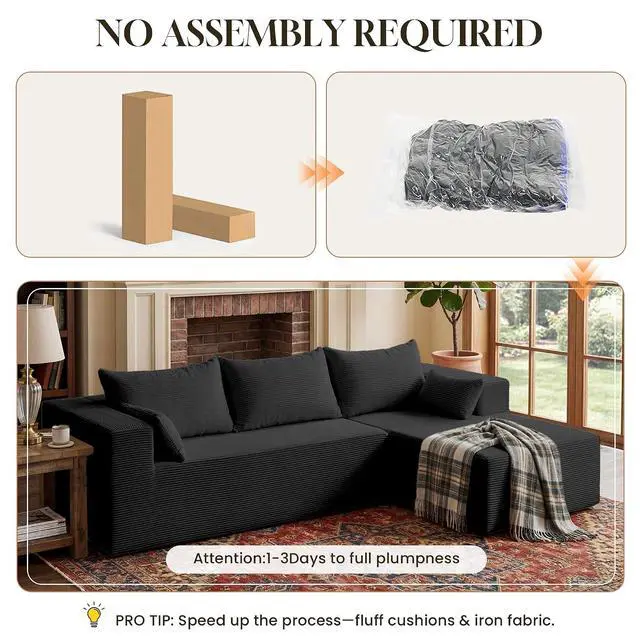 Alt view image 4 of 7 - GRUSIGN106 Cloud Sectional Boneless Couch for Living Room, Modular L Shaped Couches with Oversized Right Facing Chaise, Memory Foam Compressed Spineless Deep Seat 3 Seater Sofa for Apartment, Black