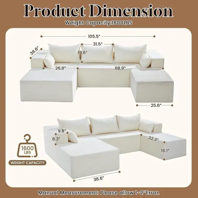 Alt view image 2 of 7 - 106" Cloud Sectional Boneless Couches for Living Room, Modular U Shaped Couch with Deep Seat, Removable Ottoman, Memory Foam Compressed Spineless 4 Seater Sofa for Bedroom Apartment, Beige