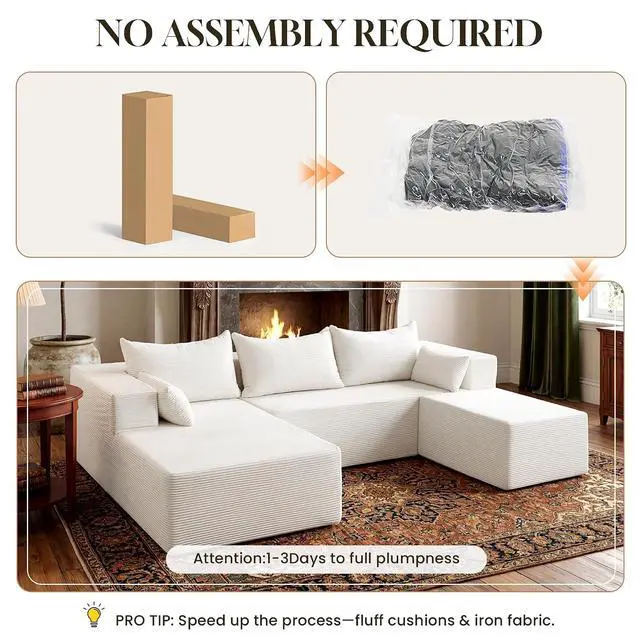 Alt view image 6 of 7 - 106" Cloud Sectional Boneless Couches for Living Room, Modular U Shaped Couch with Deep Seat, Removable Ottoman, Memory Foam Compressed Spineless 4 Seater Sofa for Bedroom Apartment, Beige