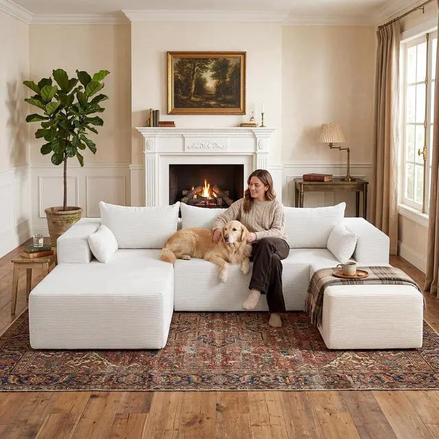 Alt view image 5 of 7 - 106" Cloud Sectional Boneless Couches for Living Room, Modular U Shaped Couch with Deep Seat, Removable Ottoman, Memory Foam Compressed Spineless 4 Seater Sofa for Bedroom Apartment, Beige