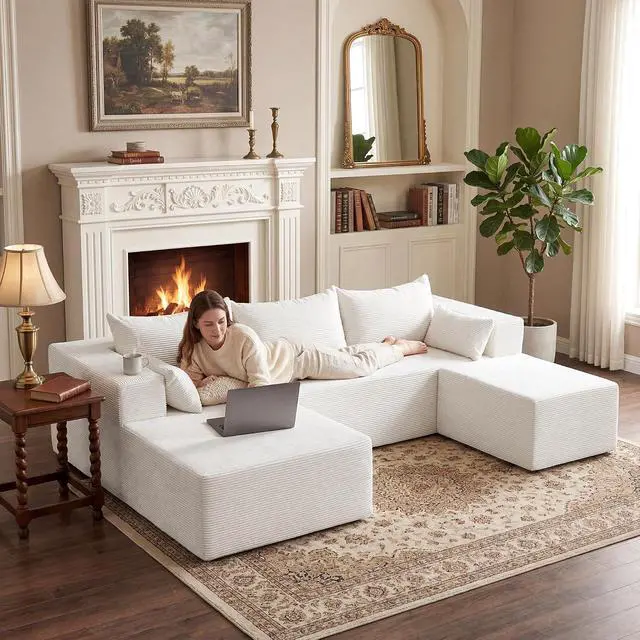 Alt view image 7 of 7 - 106" Cloud Sectional Boneless Couches for Living Room, Modular U Shaped Couch with Deep Seat, Removable Ottoman, Memory Foam Compressed Spineless 4 Seater Sofa for Bedroom Apartment, Beige