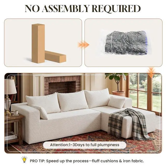 Alt view image 4 of 7 - 106" Cloud Sectional Boneless Couches for Living Room, Modular L Shaped Couch with Deep Seat Oversized Right Facing Chaise, Memory Foam Compressed Spineless 3 Seater Sofa for Apartment, Beige