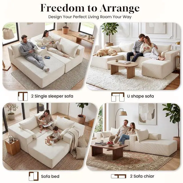 Alt view image 3 of 7 - 106" Cloud Sectional Boneless Couches for Living Room, Modular U Shaped Couch with Deep Seat, Removable Ottoman, Memory Foam Compressed Spineless 4 Seater Sofa for Bedroom Apartment, Beige