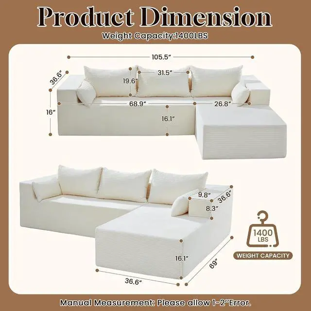 Alt view image 2 of 7 - 106" Cloud Sectional Boneless Couches for Living Room, Modular L Shaped Couch with Deep Seat Oversized Right Facing Chaise, Memory Foam Compressed Spineless 3 Seater Sofa for Apartment, Beige