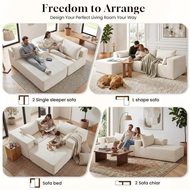 Alt view image 5 of 7 - 106" Cloud Sectional Boneless Couches for Living Room, Modular L Shaped Couch with Deep Seat Oversized Right Facing Chaise, Memory Foam Compressed Spineless 3 Seater Sofa for Apartment, Beige