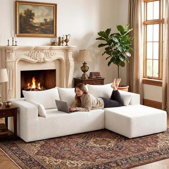 Alt view image 6 of 7 - 106" Cloud Sectional Boneless Couches for Living Room, Modular L Shaped Couch with Deep Seat Oversized Right Facing Chaise, Memory Foam Compressed Spineless 3 Seater Sofa for Apartment, Beige