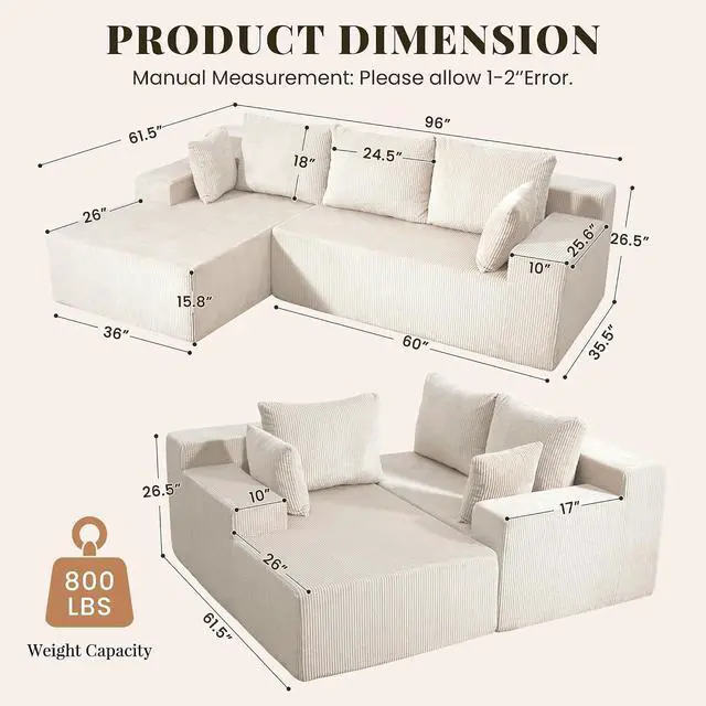 Alt view image 2 of 7 - Cloud Sectional Boneless Couches for Living Room, Modular L Shaped Couch with Deep Seat Oversized Left Facing Chaise, Memory Foam Compressed Spineless 3 Seater Sofa for Apartment, Beige