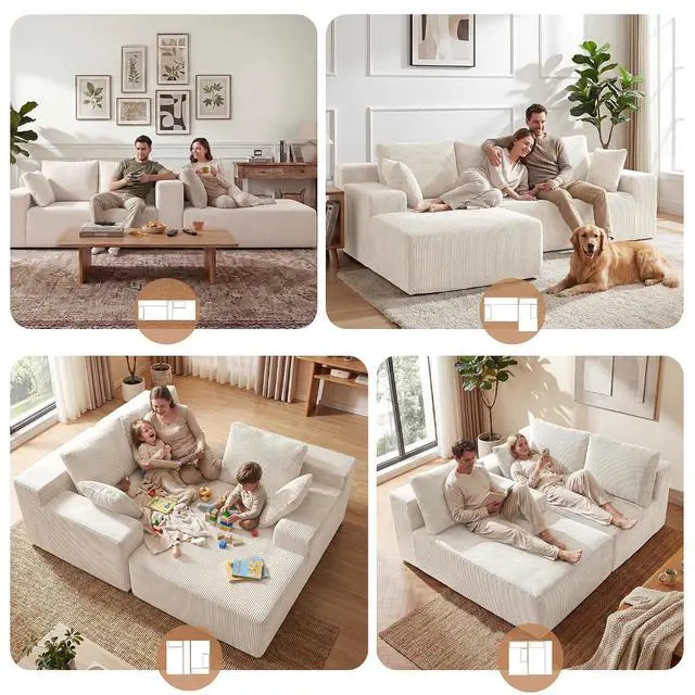 Alt view image 3 of 7 - Cloud Sectional Boneless Couches for Living Room, Modular L Shaped Couch with Deep Seat Oversized Left Facing Chaise, Memory Foam Compressed Spineless 3 Seater Sofa for Apartment, Beige