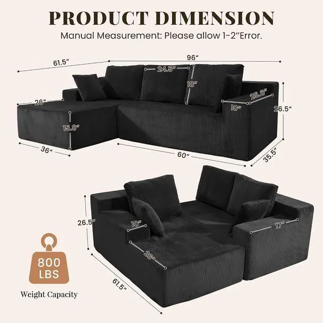 Alt view image 2 of 7 - Cloud Sectional Boneless Couches for Living Room, Modular L Shaped Couch with Deep Seat Oversized Left Facing Chaise, Memory Foam Compressed Spineless 3 Seater Sofa for Apartment, Black