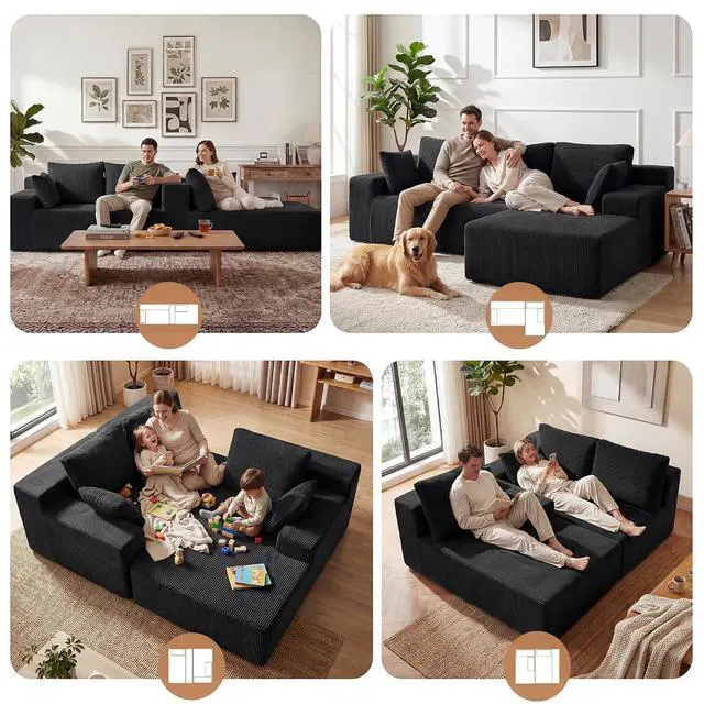 Alt view image 3 of 7 - Cloud Sectional Boneless Couches for Living Room, Modular L Shaped Couch with Deep Seat Oversized Left Facing Chaise, Memory Foam Compressed Spineless 3 Seater Sofa for Apartment, Black