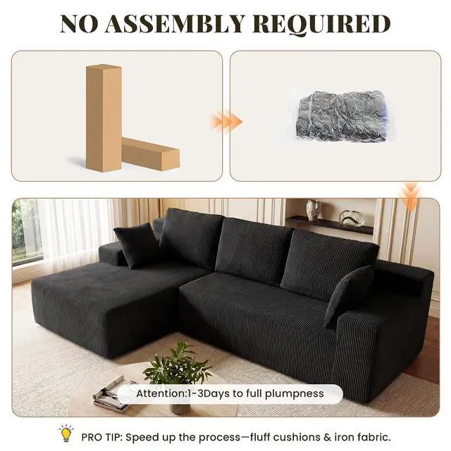 Alt view image 6 of 7 - Cloud Sectional Boneless Couches for Living Room, Modular L Shaped Couch with Deep Seat Oversized Left Facing Chaise, Memory Foam Compressed Spineless 3 Seater Sofa for Apartment, Black