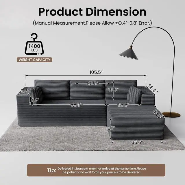 Alt view image 2 of 7 - 106" Cloud Sectional Boneless Couches for Living Room, Modular L Shaped Couch with Deep Seat Oversized Right Facing Chaise, Memory Foam Compressed Spineless 3 Seater Sofa for Apartment, Grey