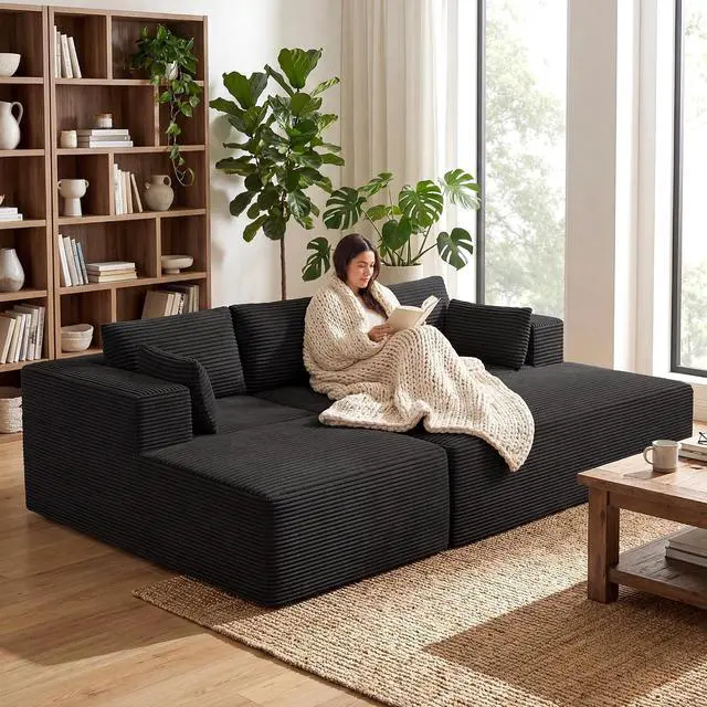 Main image of 106" Oversized Sectional Boneless Sleeper Sofa Bed Couches for Living Room, Modular L Shaped Couch with Left Facing Chaise & Big Ottoman, Compressed Spineless Corduroy Cloud Sofas, Black