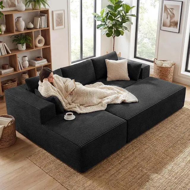 Alt view image 3 of 7 - 106" Oversized Sectional Boneless Sleeper Sofa Bed Couches for Living Room, Modular L Shaped Couch with Left Facing Chaise & Big Ottoman, Compressed Spineless Corduroy Cloud Sofas, Black