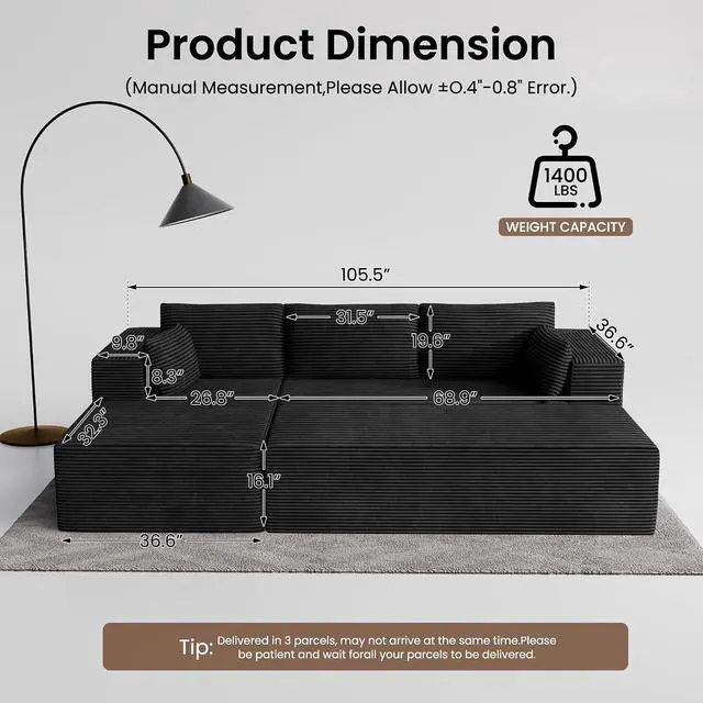 Alt view image 2 of 7 - 106" Oversized Sectional Boneless Sleeper Sofa Bed Couches for Living Room, Modular L Shaped Couch with Left Facing Chaise & Big Ottoman, Compressed Spineless Corduroy Cloud Sofas, Black