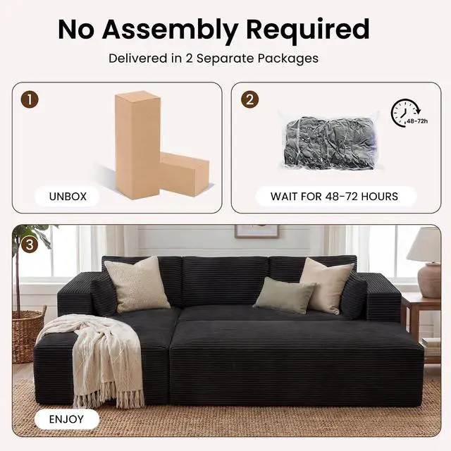 Alt view image 4 of 7 - 106" Oversized Sectional Boneless Sleeper Sofa Bed Couches for Living Room, Modular L Shaped Couch with Left Facing Chaise & Big Ottoman, Compressed Spineless Corduroy Cloud Sofas, Black